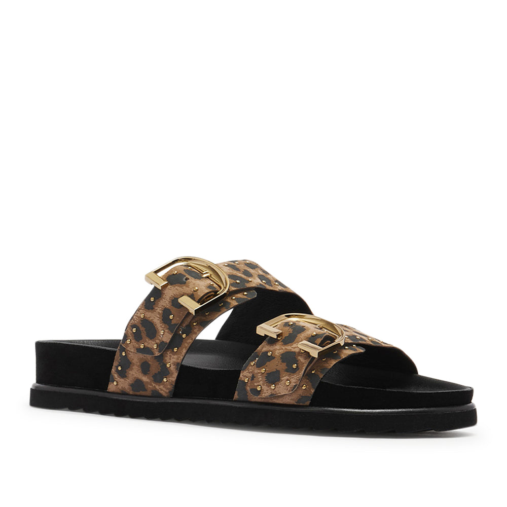 Cushioned leopard print slide sandal with gold buckle and studs