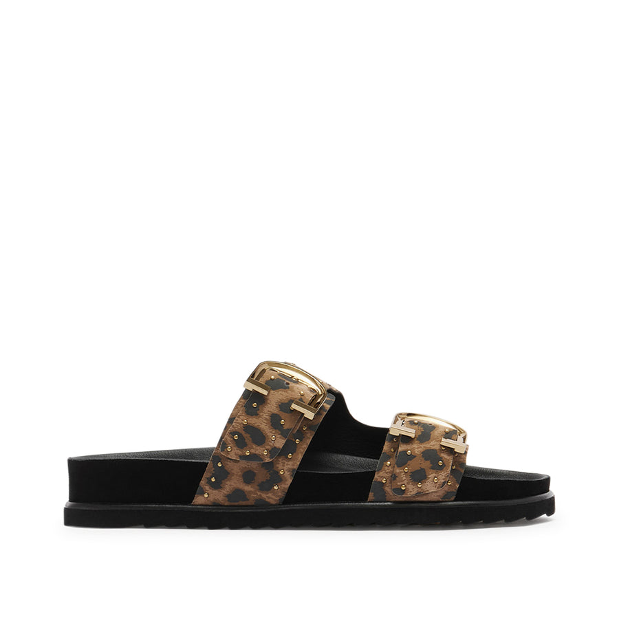 Cushioned leopard print slide sandal with gold accents.