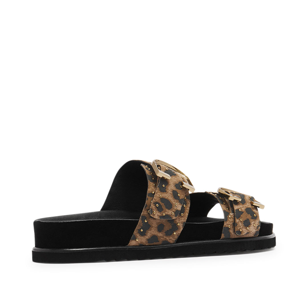 Cushioned leopard print slide sandal with gold buckle and studs