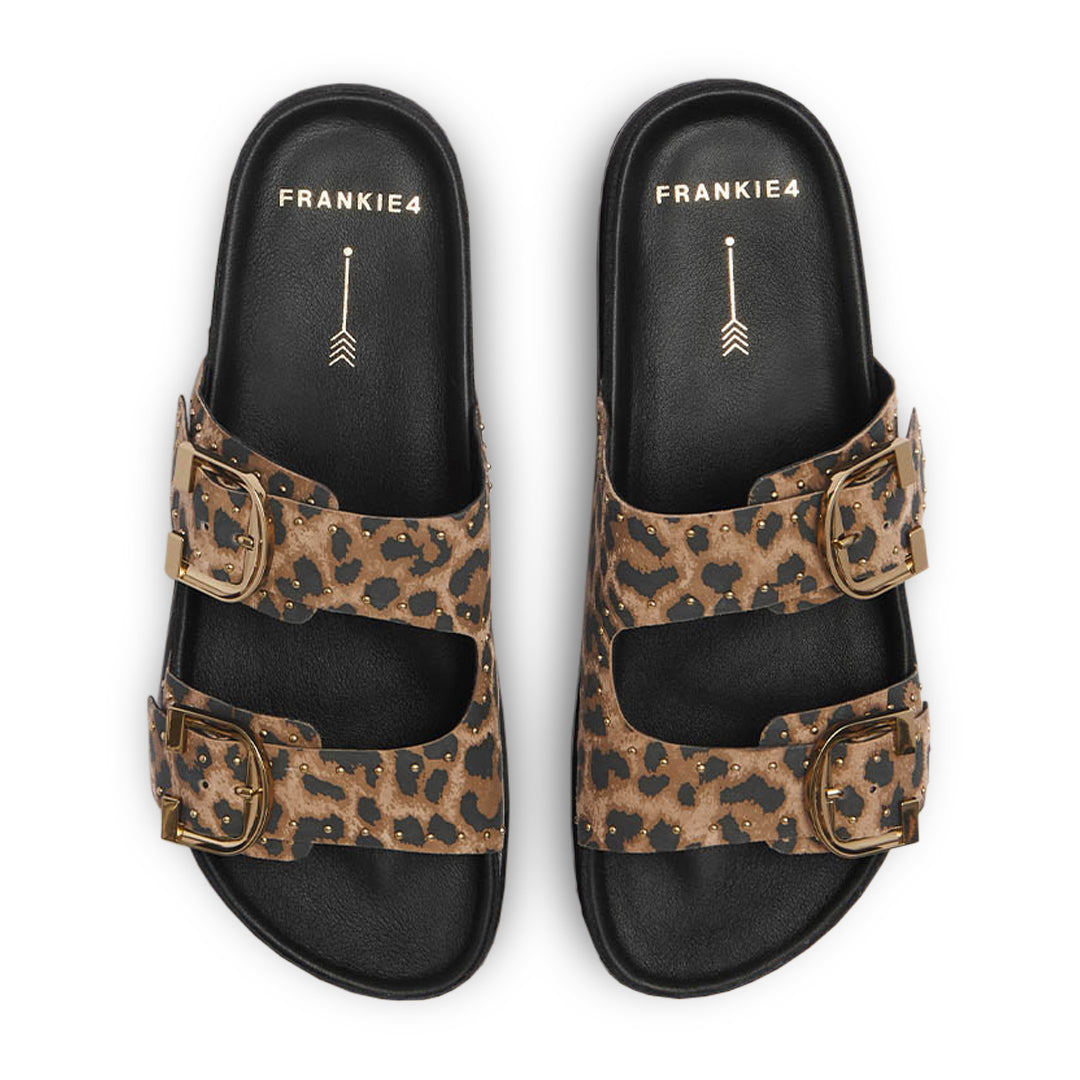 Cushioned leopard print slide sandal with gold buckle and studs