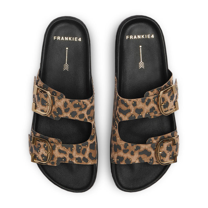 Cushioned leopard print slide sandal with gold buckle and studs