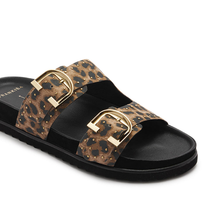 Cushioned leopard print slide sandal with gold buckle and studs