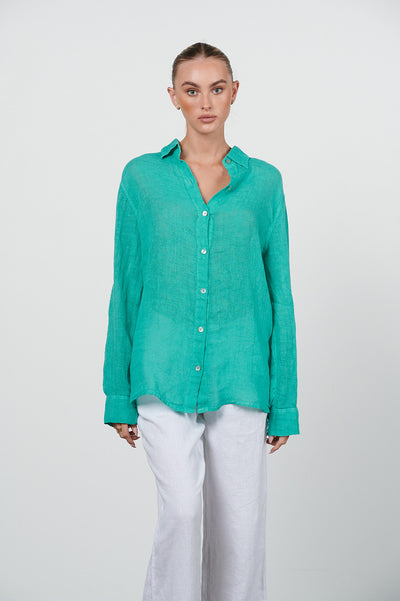 HARIS COTTON LINEN GAUZE SHIRT ISLAND GREEN