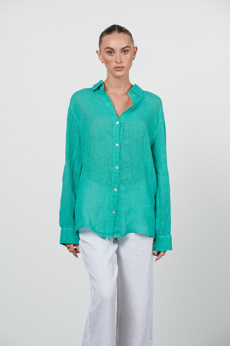 HARIS COTTON LINEN GAUZE SHIRT ISLAND GREEN