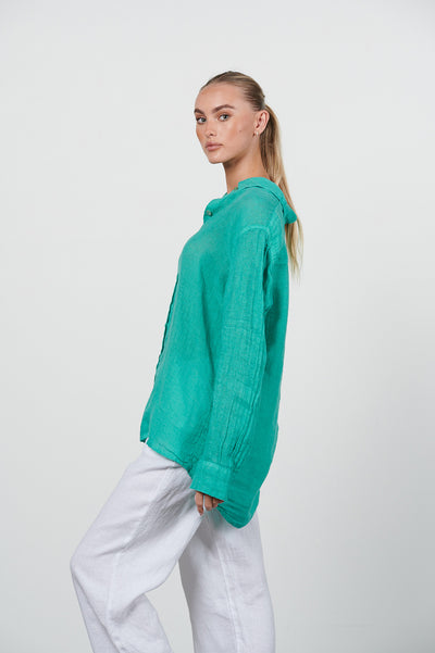 HARIS COTTON LINEN GAUZE SHIRT ISLAND GREEN