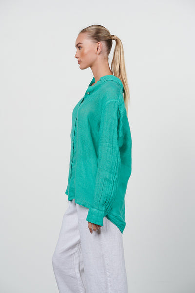 HARIS COTTON LINEN GAUZE SHIRT ISLAND GREEN