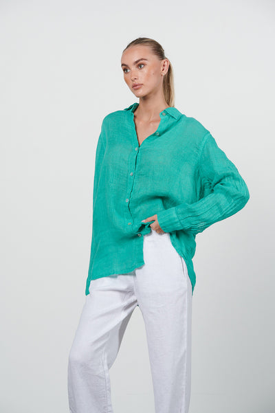 HARIS COTTON LINEN GAUZE SHIRT ISLAND GREEN