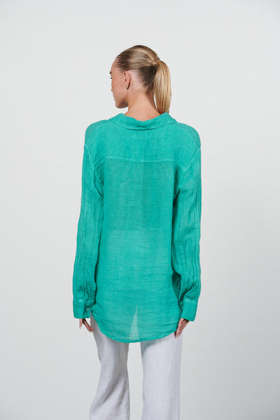 HARIS COTTON LINEN GAUZE SHIRT ISLAND GREEN