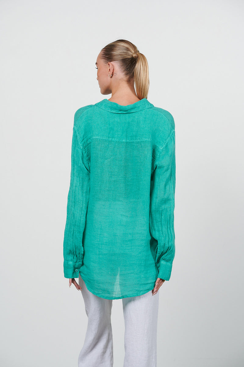 HARIS COTTON LINEN GAUZE SHIRT ISLAND GREEN