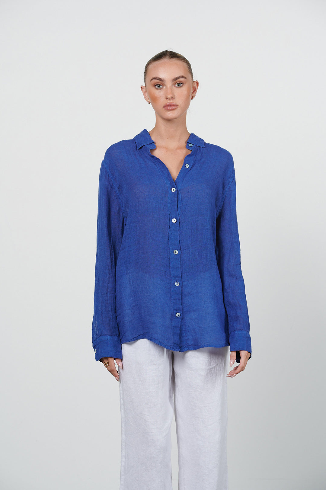 HARIS COTTON LINEN GAUZE SHIRT LAPIS