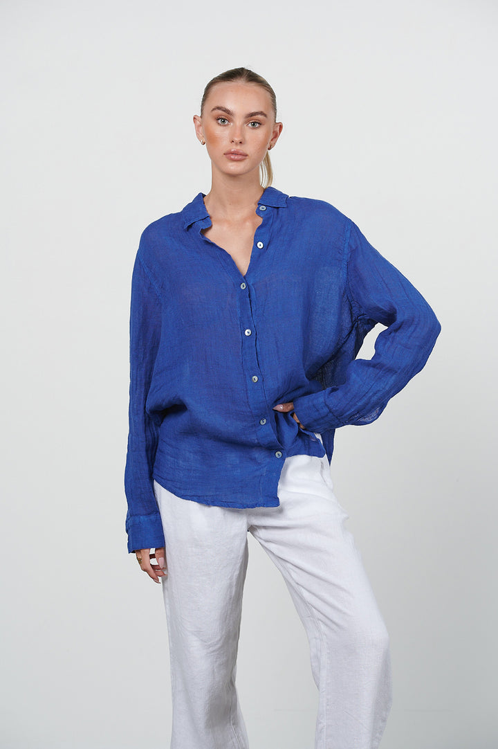 HARIS COTTON LINEN GAUZE SHIRT LAPIS