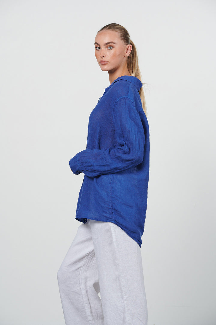 HARIS COTTON LINEN GAUZE SHIRT LAPIS