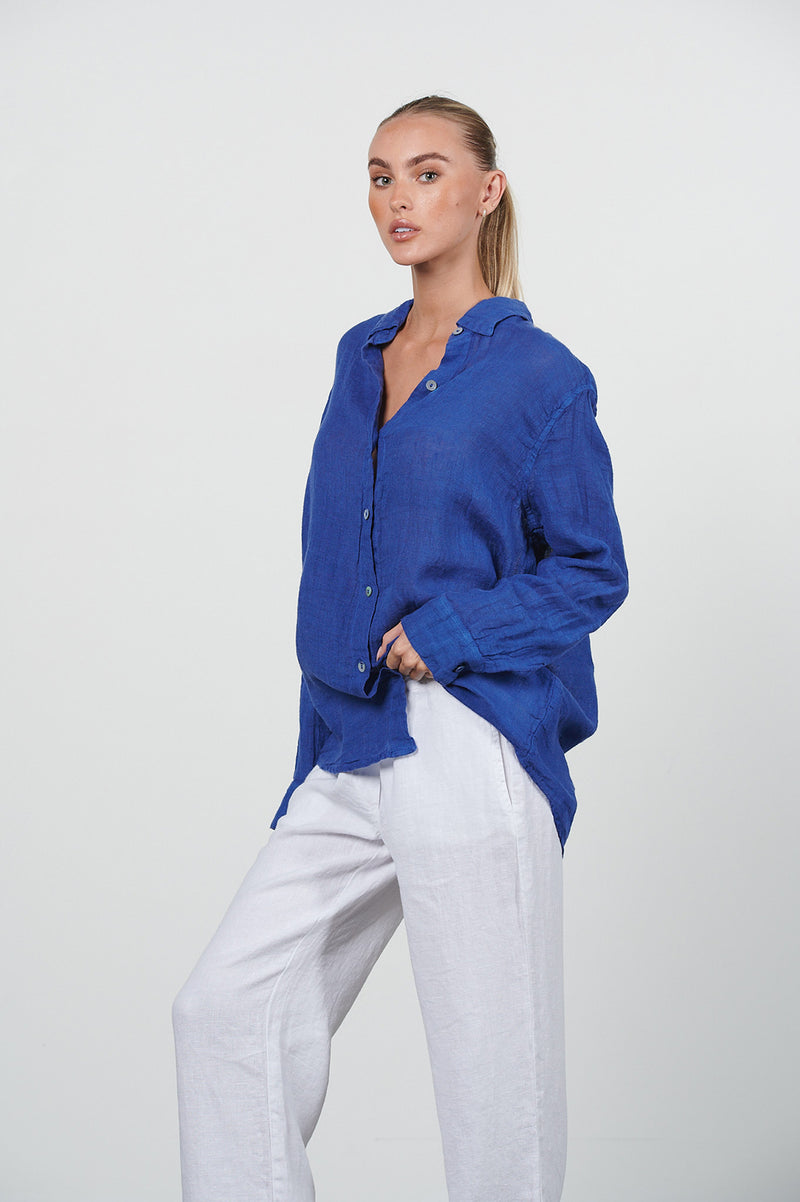 HARIS COTTON LINEN GAUZE SHIRT LAPIS