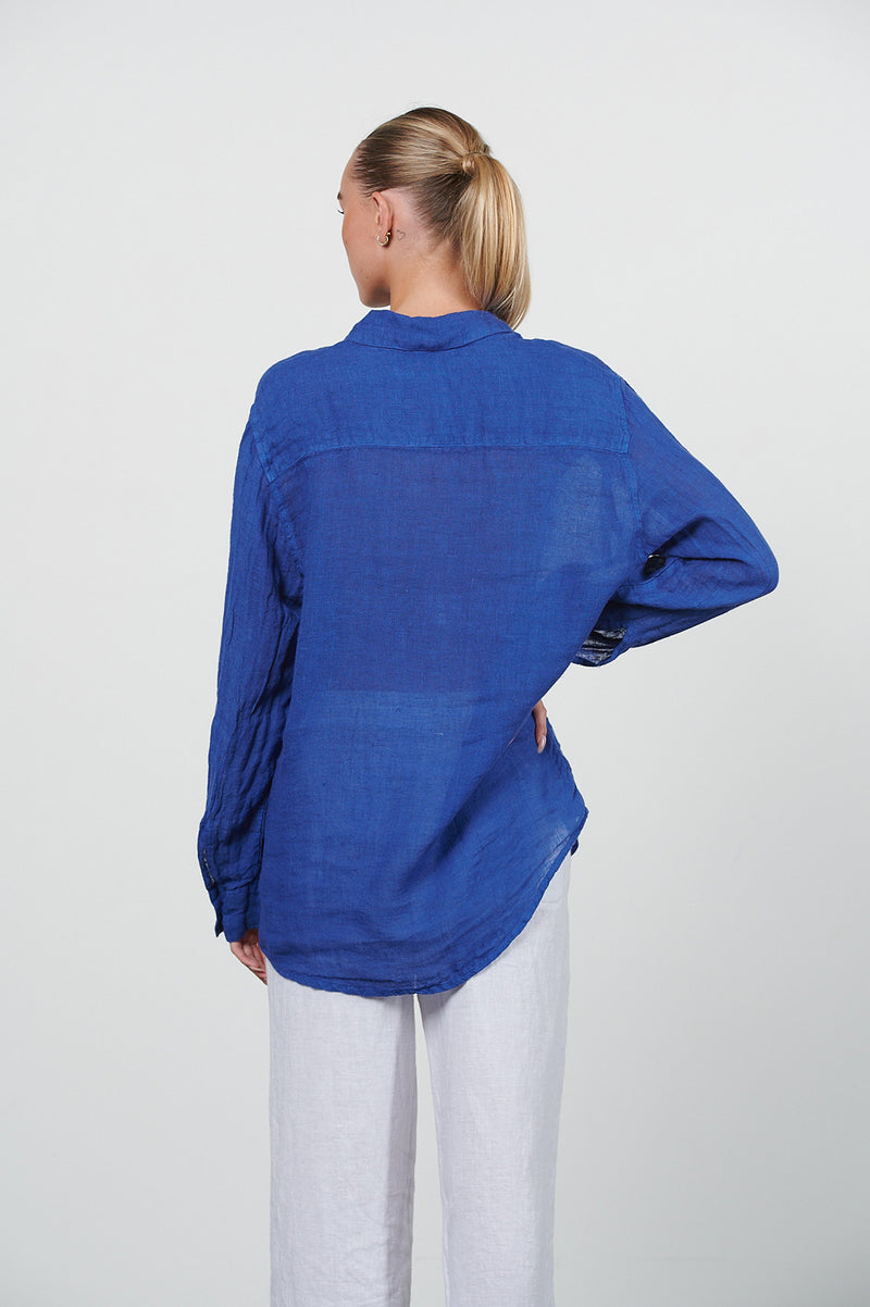 HARIS COTTON LINEN GAUZE SHIRT LAPIS