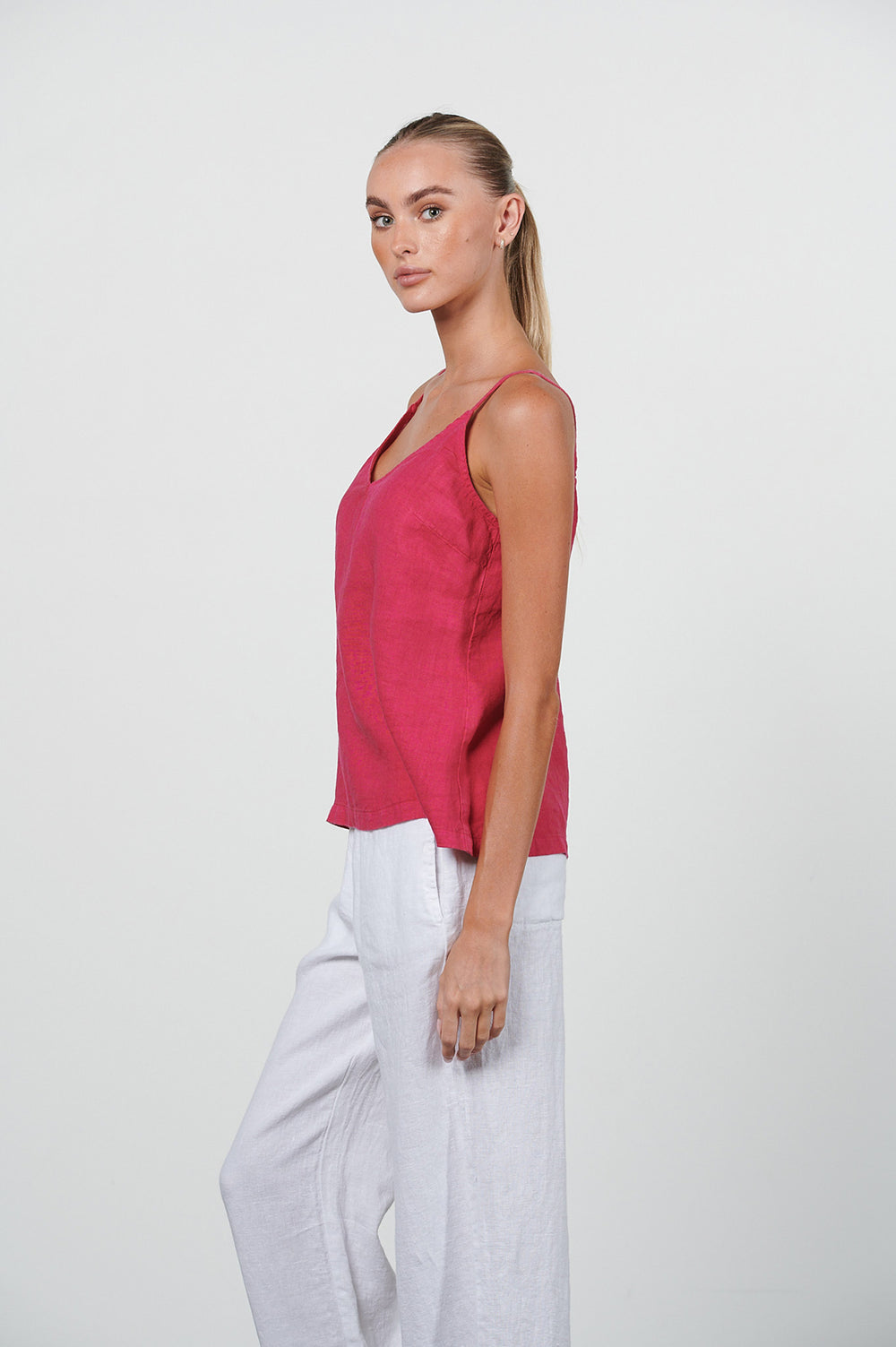 HARIS COTTON Linen Singlet Top Fuschia