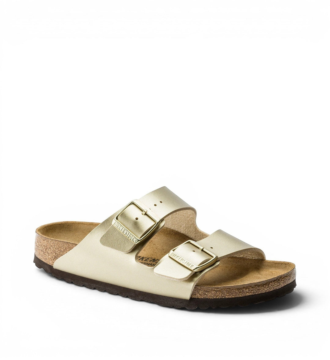 Birkenstock Arizona Birko-Flor Metallic Gold sandals with two adjustable straps and cork footbed.
