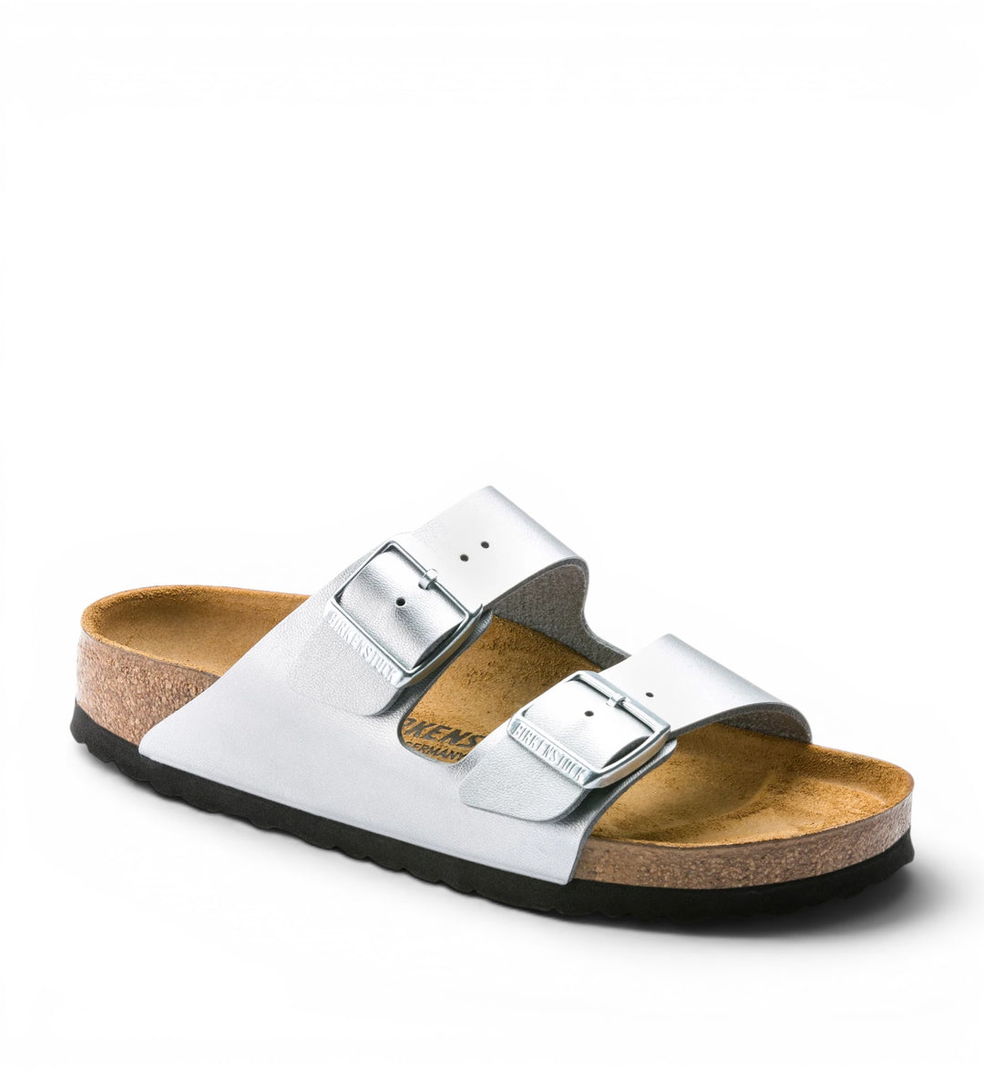 Birkenstock Arizona Birko-Flor metallic silver double-strap sandals with adjustable buckles and cork footbed.
