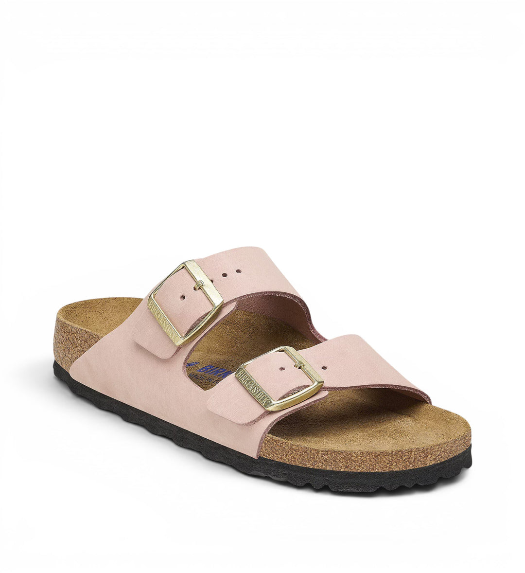 Birkenstock Arizona soft pink nubuck leather sandals with adjustable gold buckles and cork footbed.