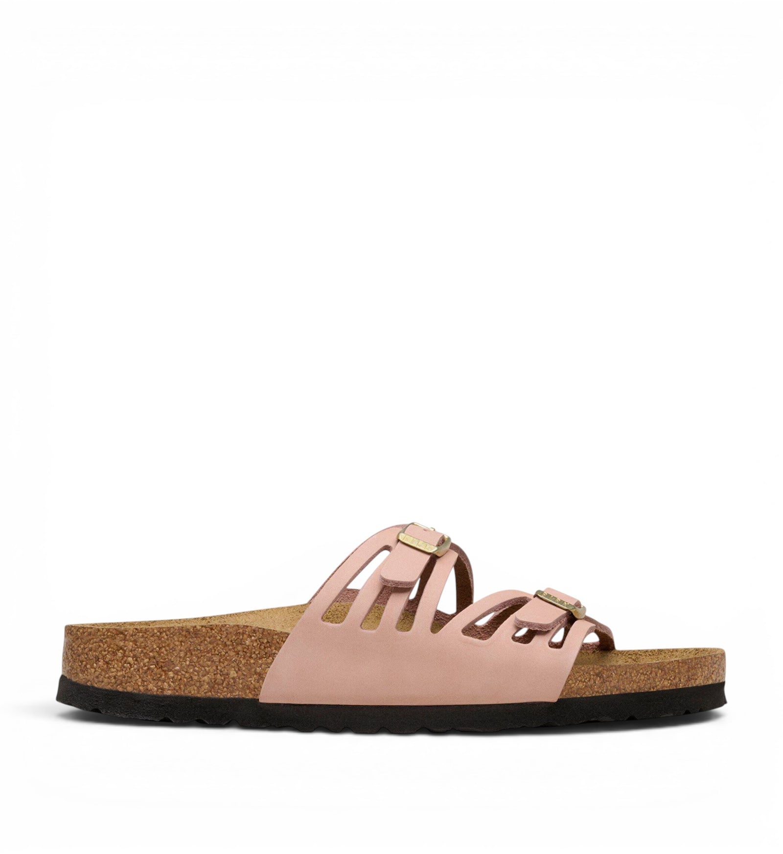 Birkenstock Granada soft pink nubuck leather sandals with double adjustable straps and cork footbed.