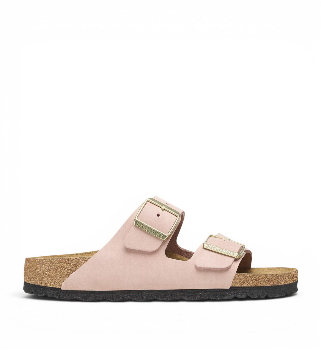 Birkenstock Arizona soft footbed sandals in soft pink nubuck leather with adjustable gold buckles.