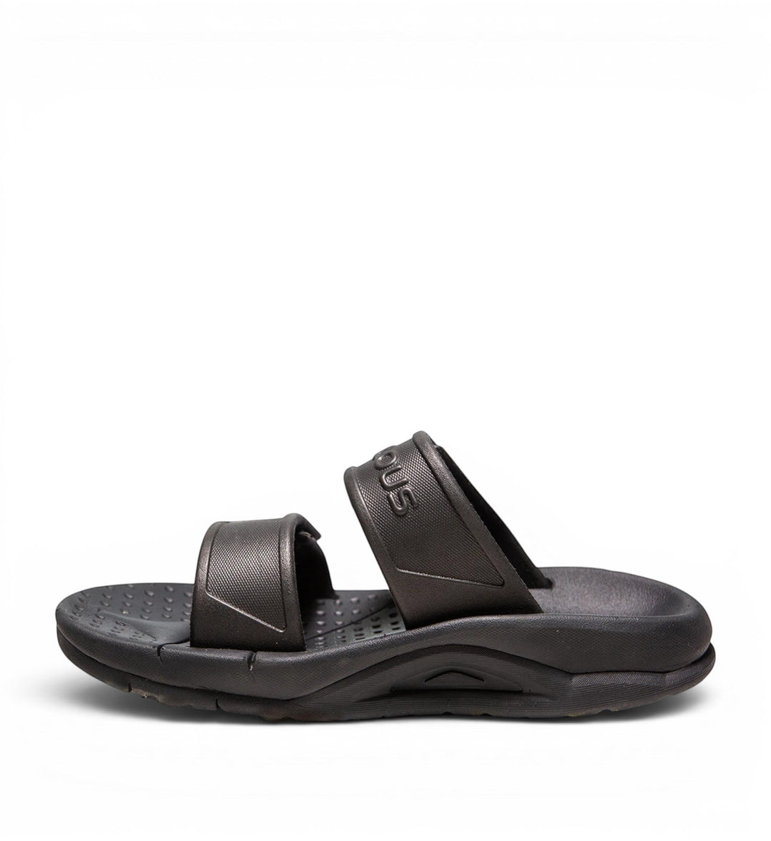 House of Florian Active Two-Strap black slide sandals with textured footbed and adjustable straps.