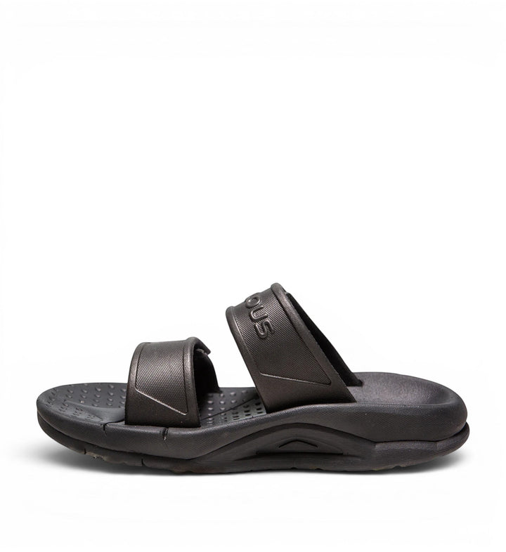 House of Florian Active Two-Strap black slide sandals with textured footbed and adjustable straps.