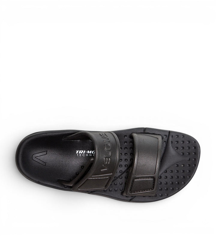 House of Florian Active Two-Strap black slide sandals with textured footbed and adjustable straps.
