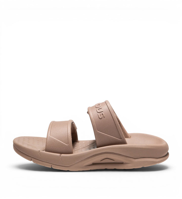 House of Florian Active Two-Strap Taupe sandals with textured footbed and molded sole.
