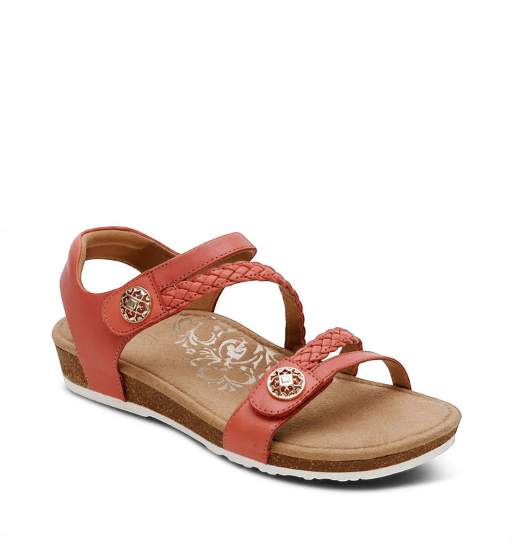 House of Florian Aetrex Jillian braided quarter strap sandals in antique rose with decorative metal accents and cork sole