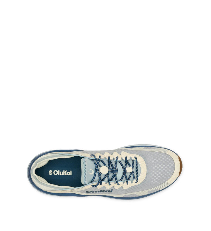 House of Florian AHI Mens Blue Pearl / White Sand athletic shoes with blue laces and white accents.