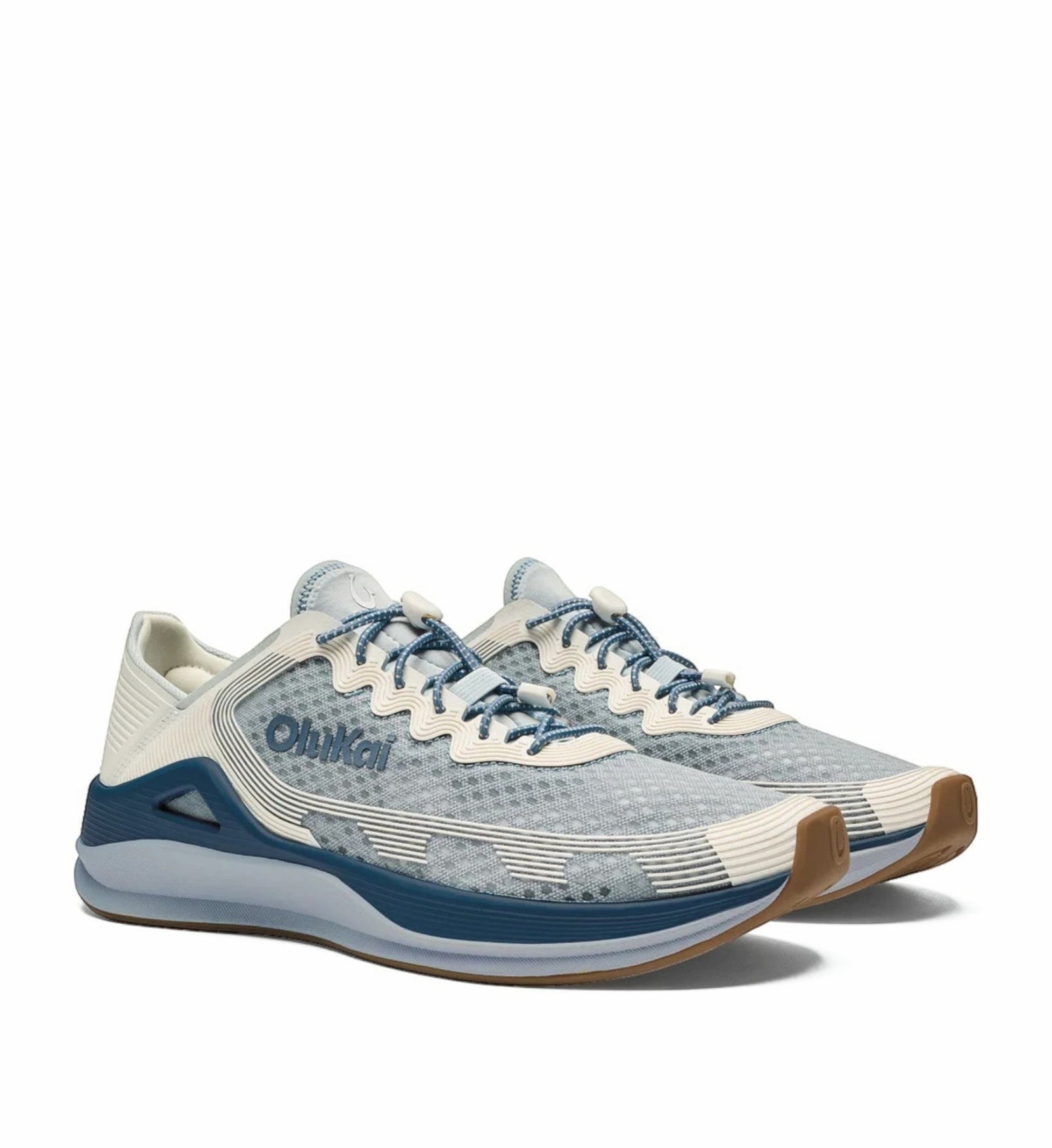 House of Florian AHI men's blue pearl and white sand mesh sneakers with blue laces and tan soles.