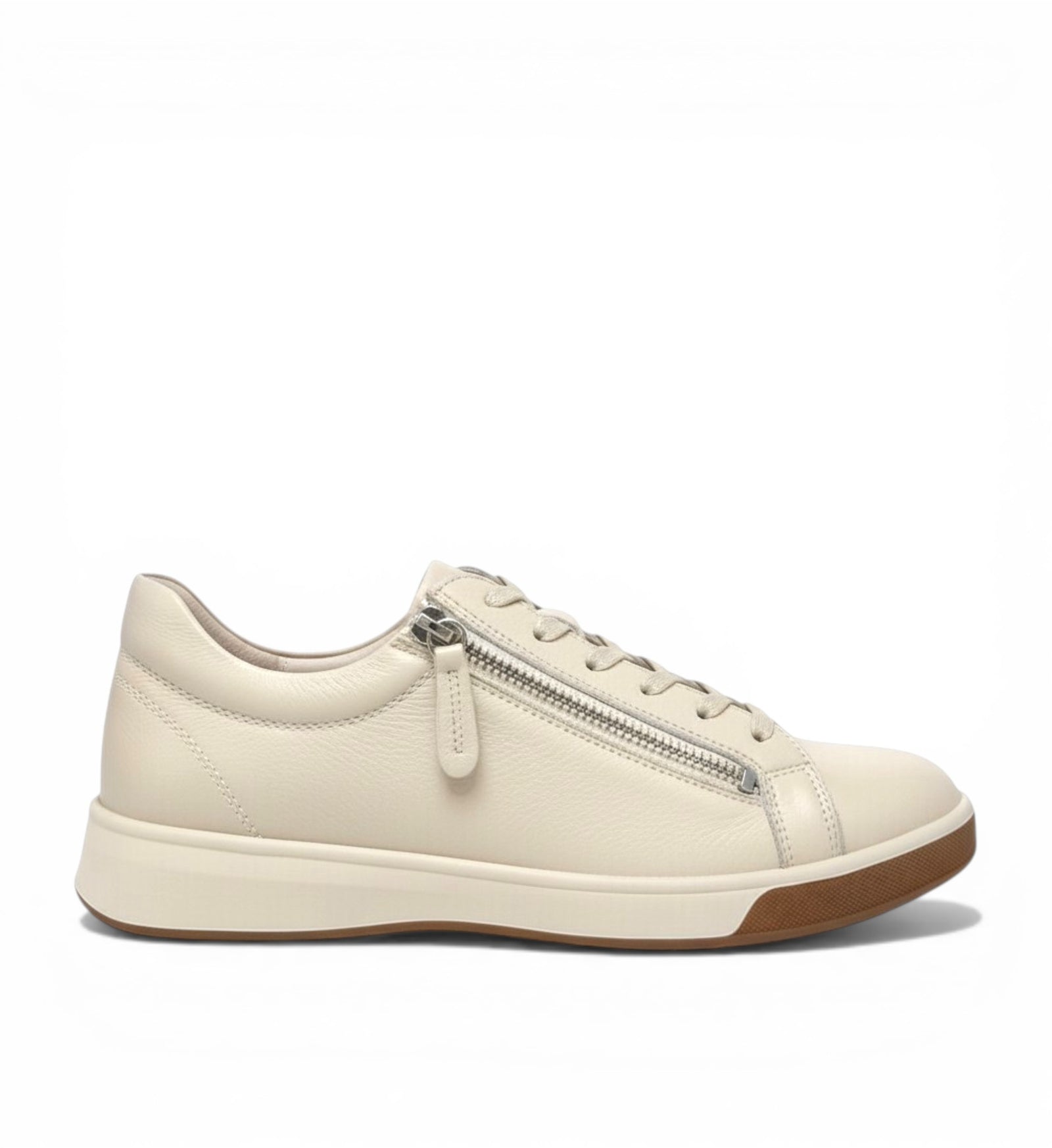 House of Florian Aito XF Milk leather sneakers with side zipper and lace-up closure in a neutral cream color.