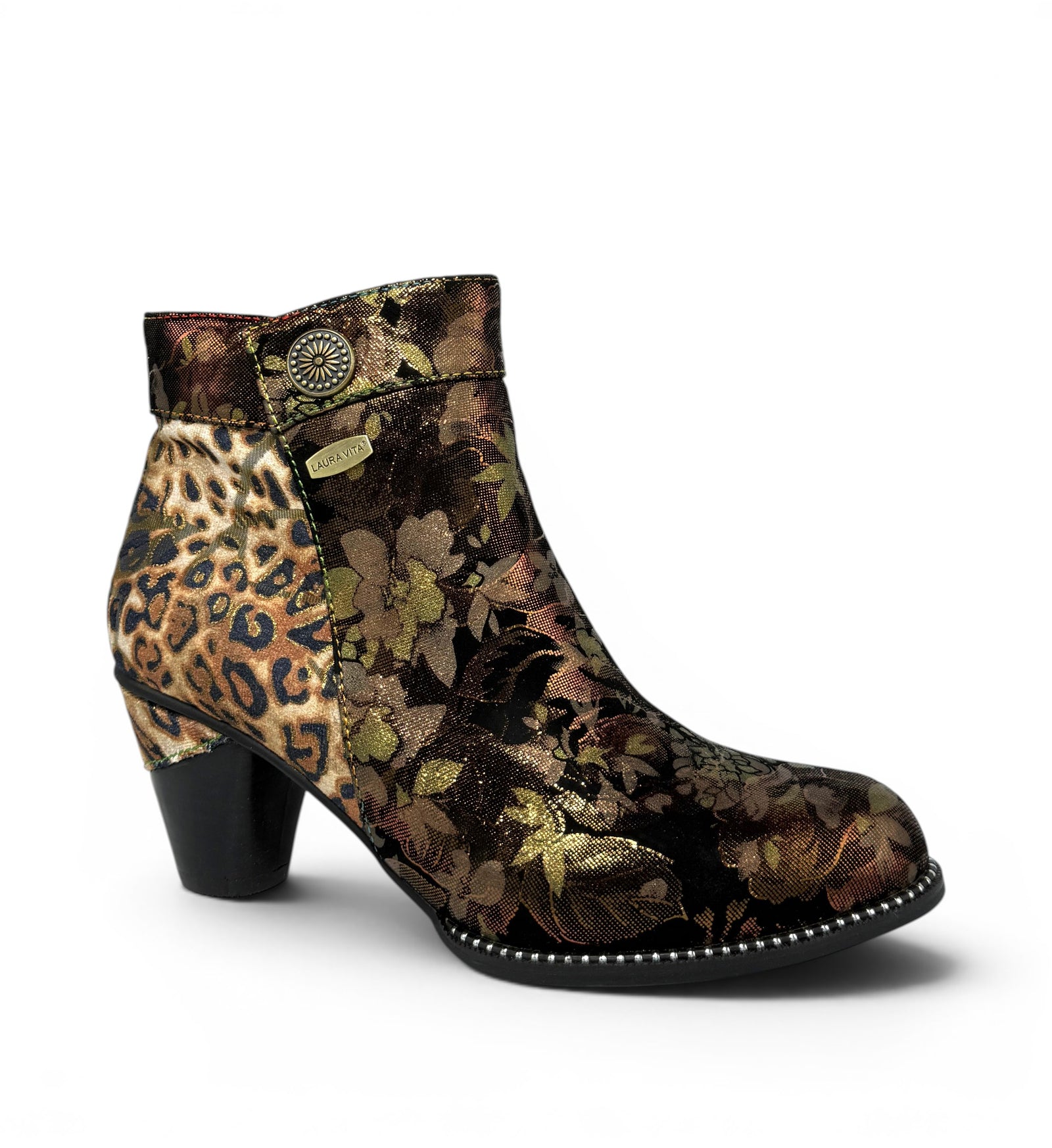 House of Florian Alcizeeo 17 Bronze ankle boots with leopard print and floral jacquard fabric, block heel, decorative button, and stud detail.