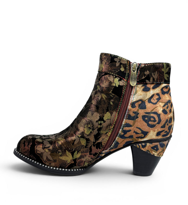 House of Florian Alcizeeo 17 Bronze ankle boots with floral jacquard and leopard print, block heel, and stud detail.