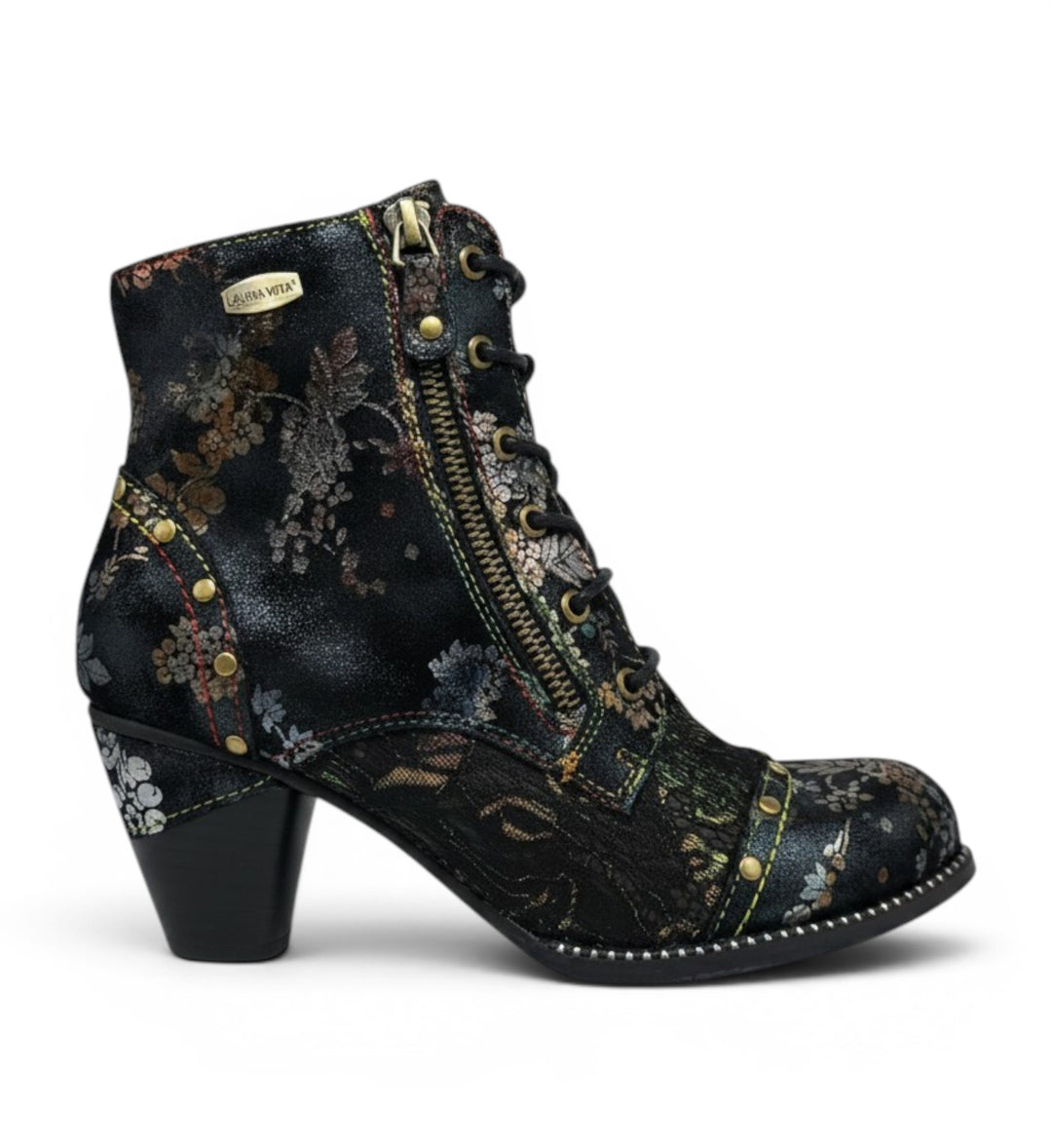 House of Florian Alcizeeo 12 Bronze ankle boots with dark floral print, metallic bronze accents, block heel, lace-up front, and side zipper.