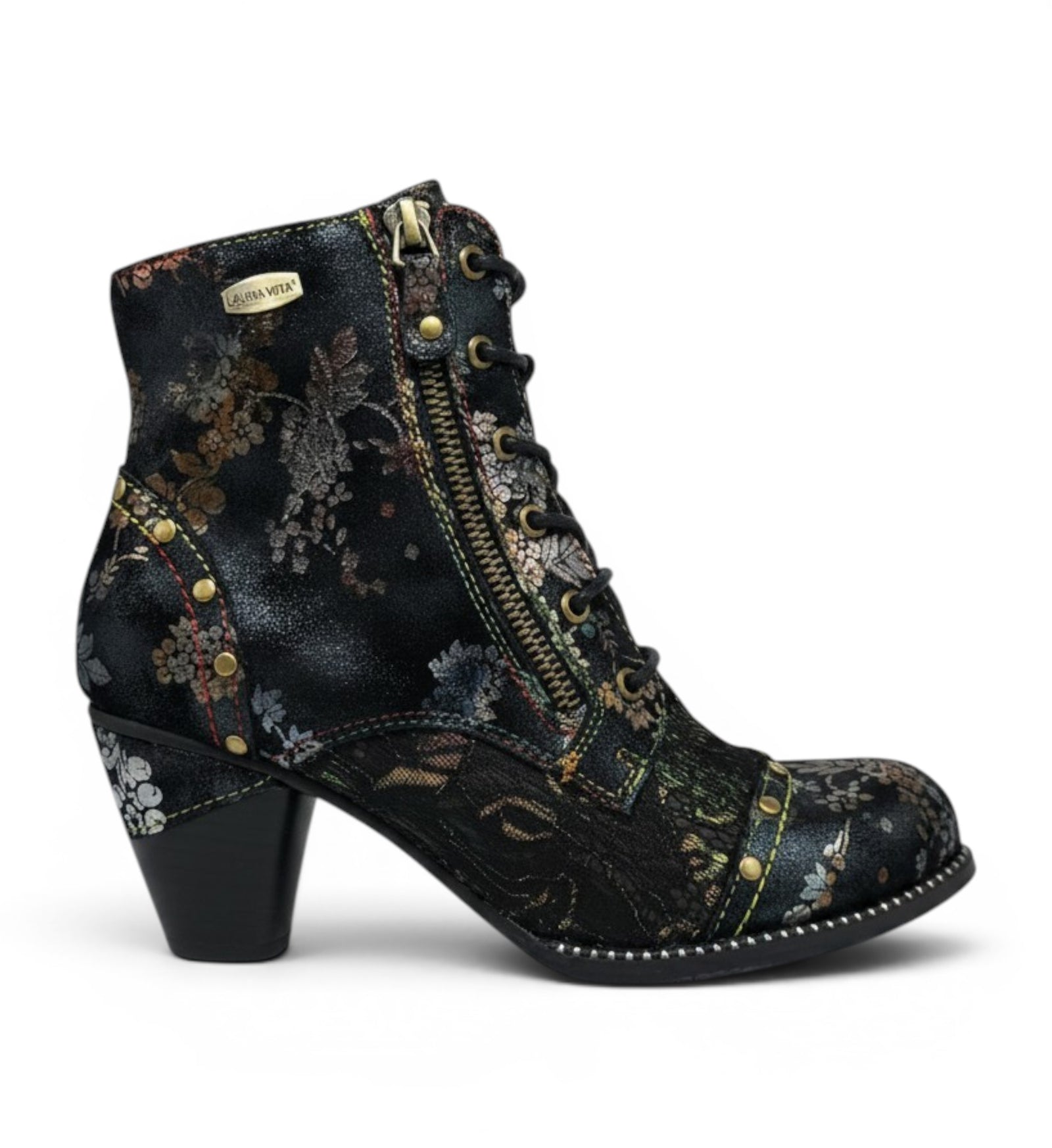 House of Florian Alcizeeo 12 Bronze ankle boots with dark floral print, metallic bronze accents, block heel, lace-up front, and side zipper.