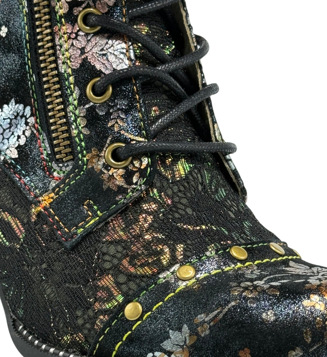 House of Florian Alcizeeo 12 Bronze ankle boots with dark floral print, metallic bronze accents, lace-up front, side zipper, and studded detailing.