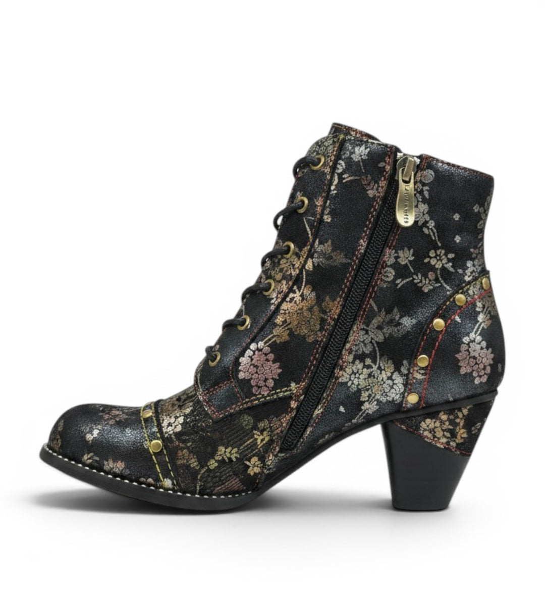 House of Florian Alcizeeo 12 Bronze ankle boots with dark floral print, metallic bronze accents, block heel, lace-up front, side zipper, and studded detailing.