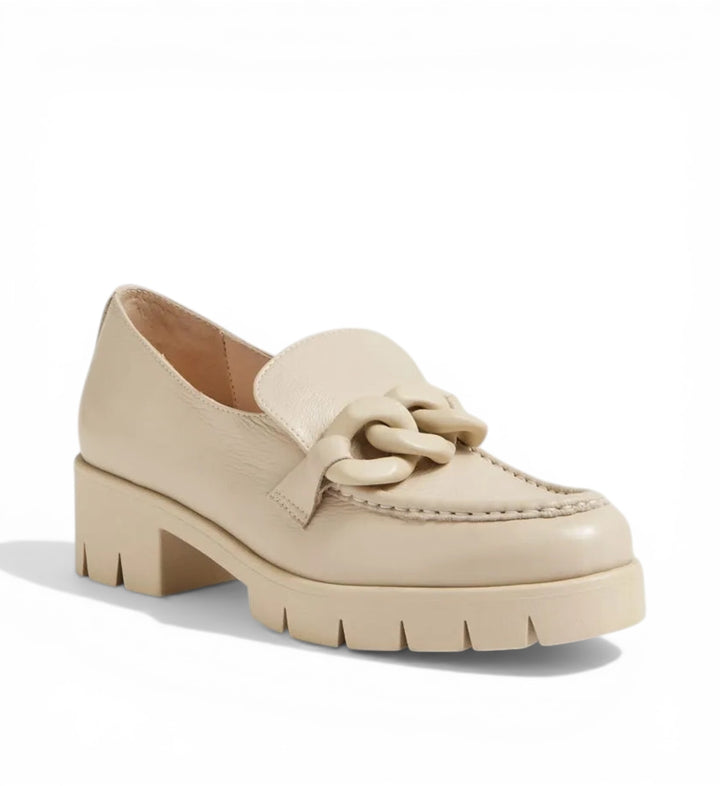 House of Florian Hanini Almond leather loafers with chunky chain detail and lug sole.