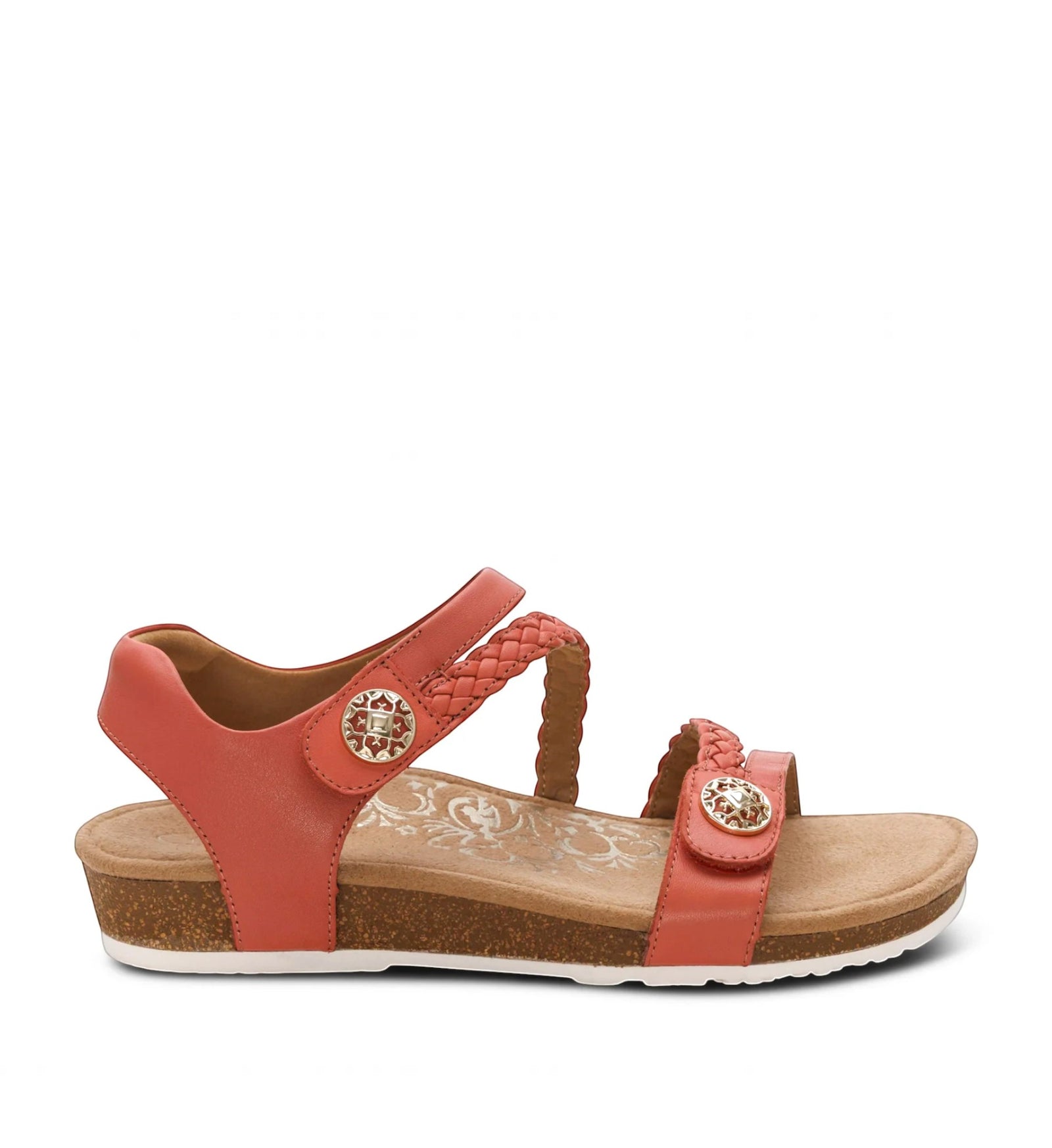 House of Florian Aetrex Jillian antique rose braided quarter strap sandal with gold-tone decorative buttons and cork sole.