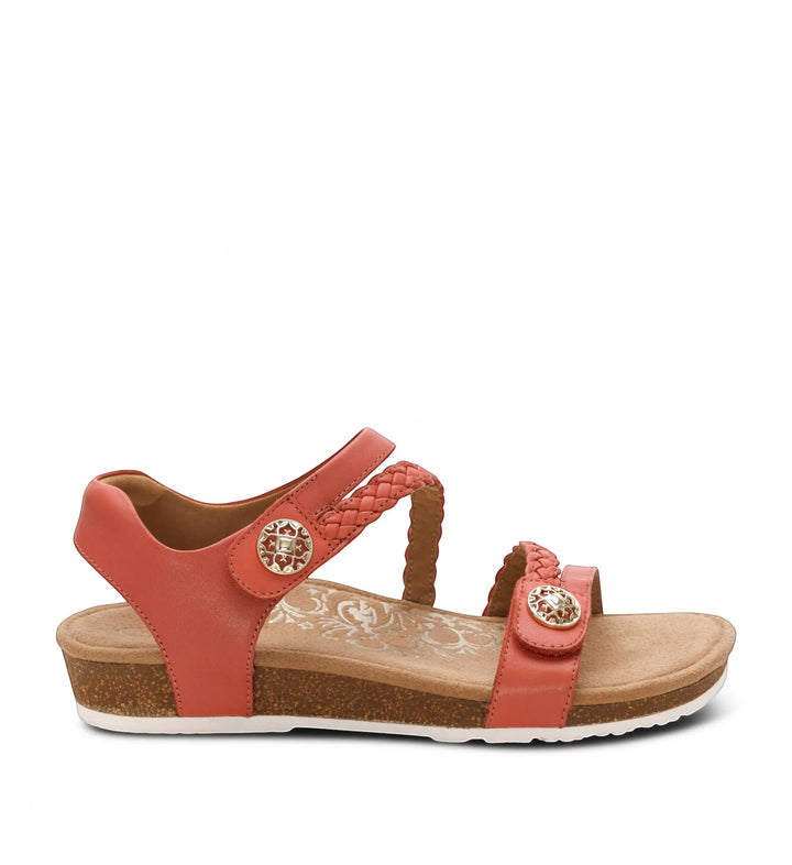House of Florian Aetrex Jillian antique rose braided quarter strap sandal with gold-tone decorative buttons and cork sole.
