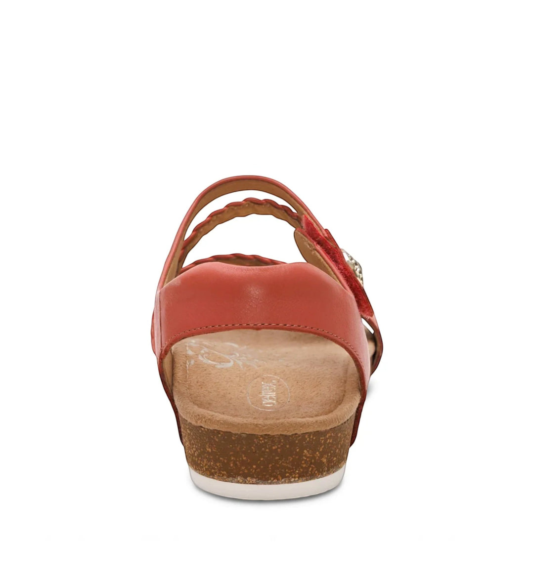 House of Florian Aetrex Jillian braided quarter strap sandal in antique rose with a cork-style wedge heel, back view.