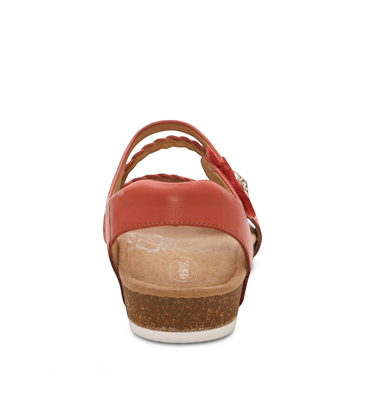 House of Florian Aetrex Jillian braided quarter strap sandal in antique rose with a cork-style wedge heel, back view.