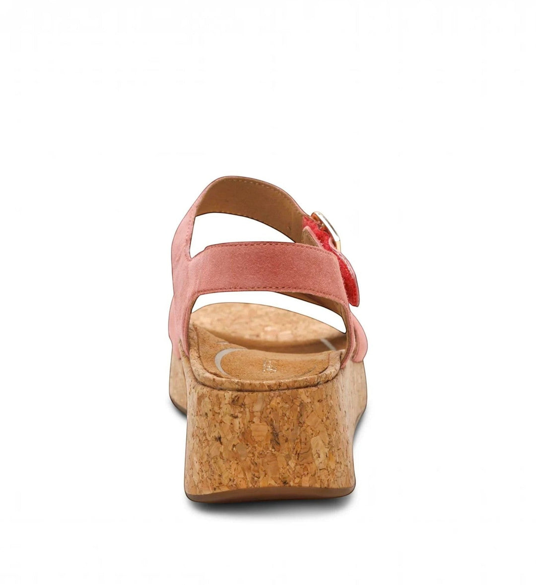House of Florian Flora antique rose suede wedge sandal with a cork platform heel, back view.