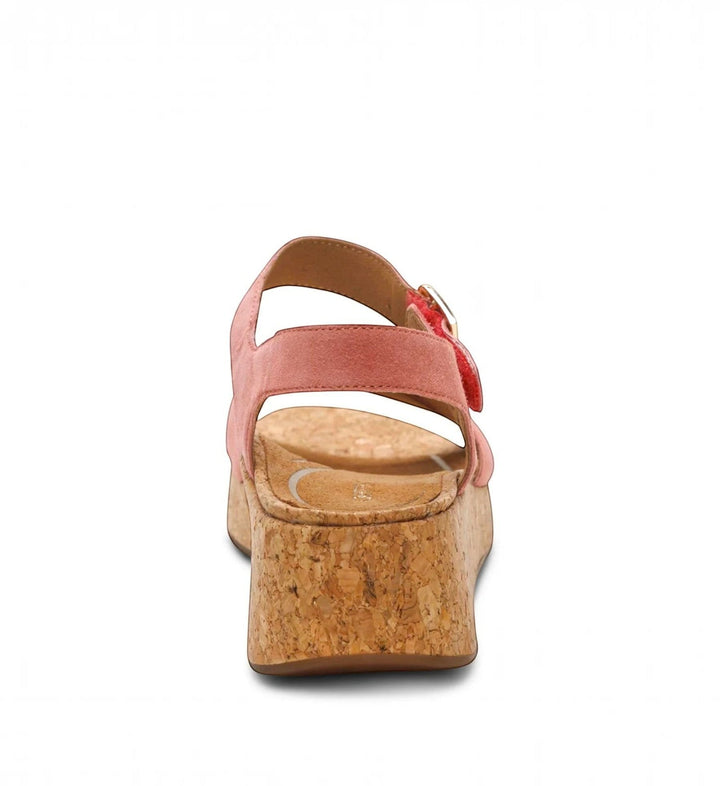 House of Florian Flora antique rose suede wedge sandal with a cork platform heel, back view.