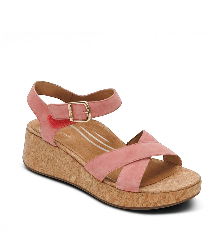 House of Florian Flora antique rose suede wedge sandals with a cork platform sole and adjustable ankle strap.
