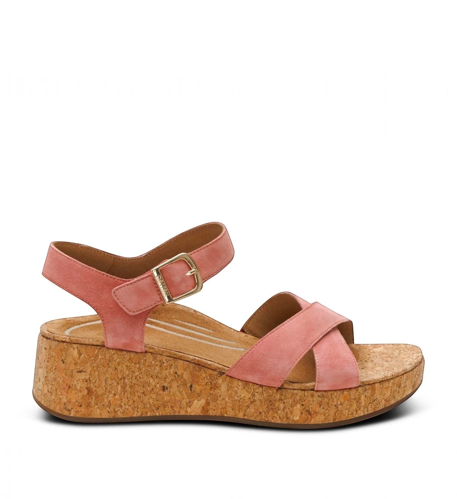 House of Florian Flora Antique Rose suede platform sandal with crisscross straps and gold buckle