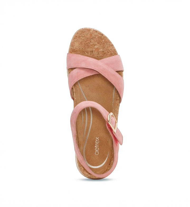 House of Florian Flora Antique Rose suede sandals with cork footbed and gold buckle strap