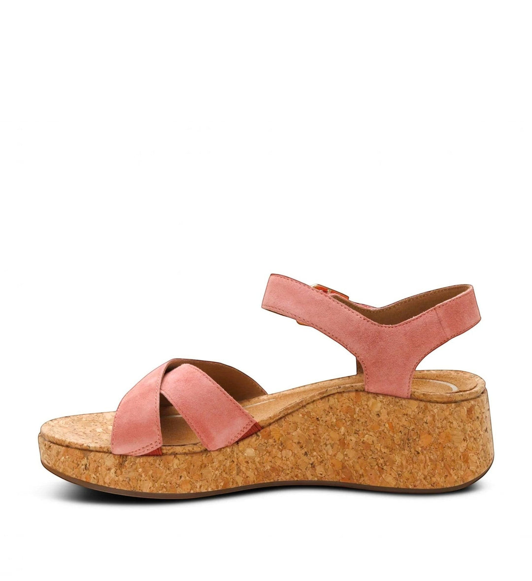 House of Florian Flora Antique Rose suede wedge sandals with a cork platform sole and cross-strap design.
