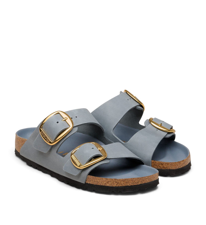 House of Florian Arizona sandals in basalt grey oiled leather with oversized gold buckles and cork footbed